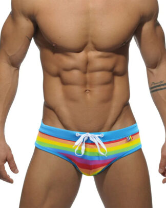 Men's Rainbow Swim Briefs with Light Blue Waistband front view
