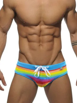 Men's Rainbow Swim Briefs with Light Blue Waistband front view
