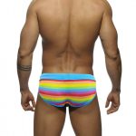 Men's Rainbow Swim Briefs with Light Blue Waistband rear view
