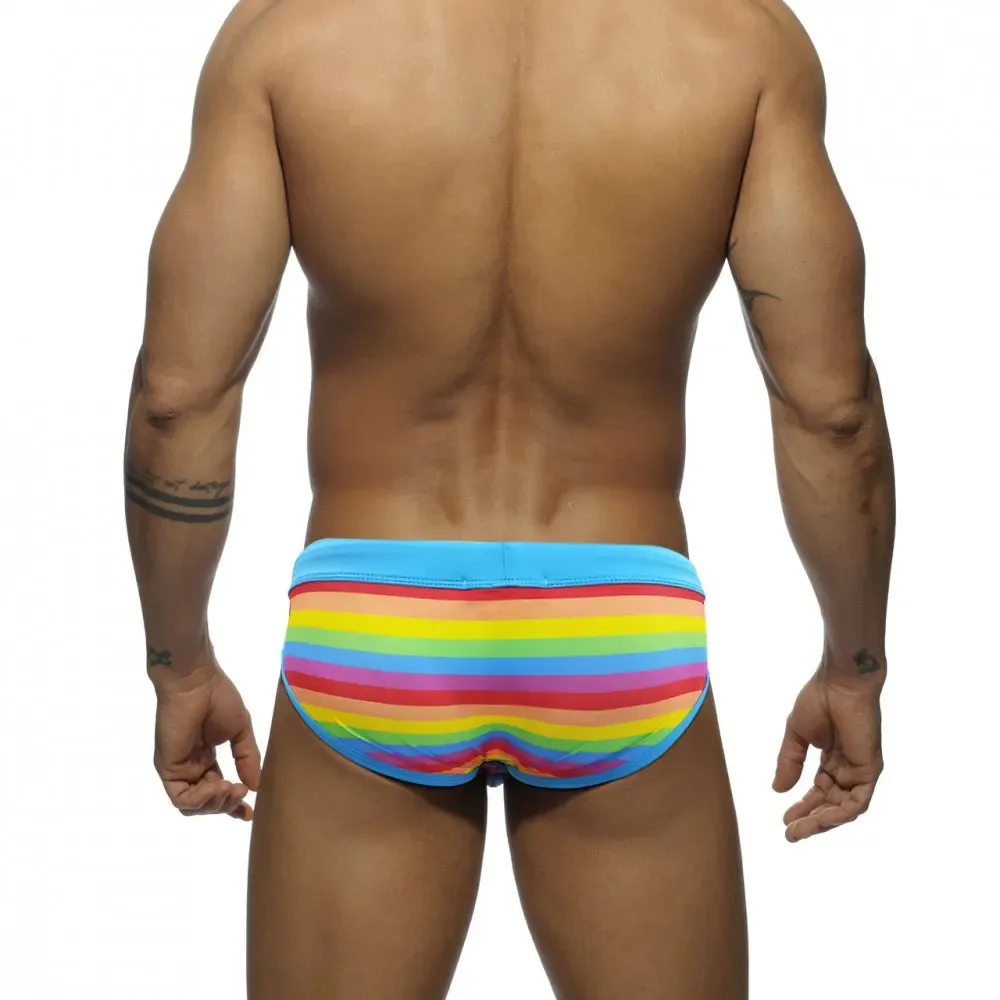 Men's Rainbow Swim Briefs with Light Blue Waistband rear view