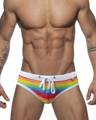 Rainbow Swim Briefs With White Waistband Front