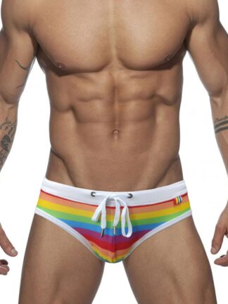 Rainbow Swim Briefs With White Waistband Front