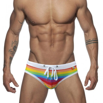 Rainbow Swim Briefs With White Waistband Front