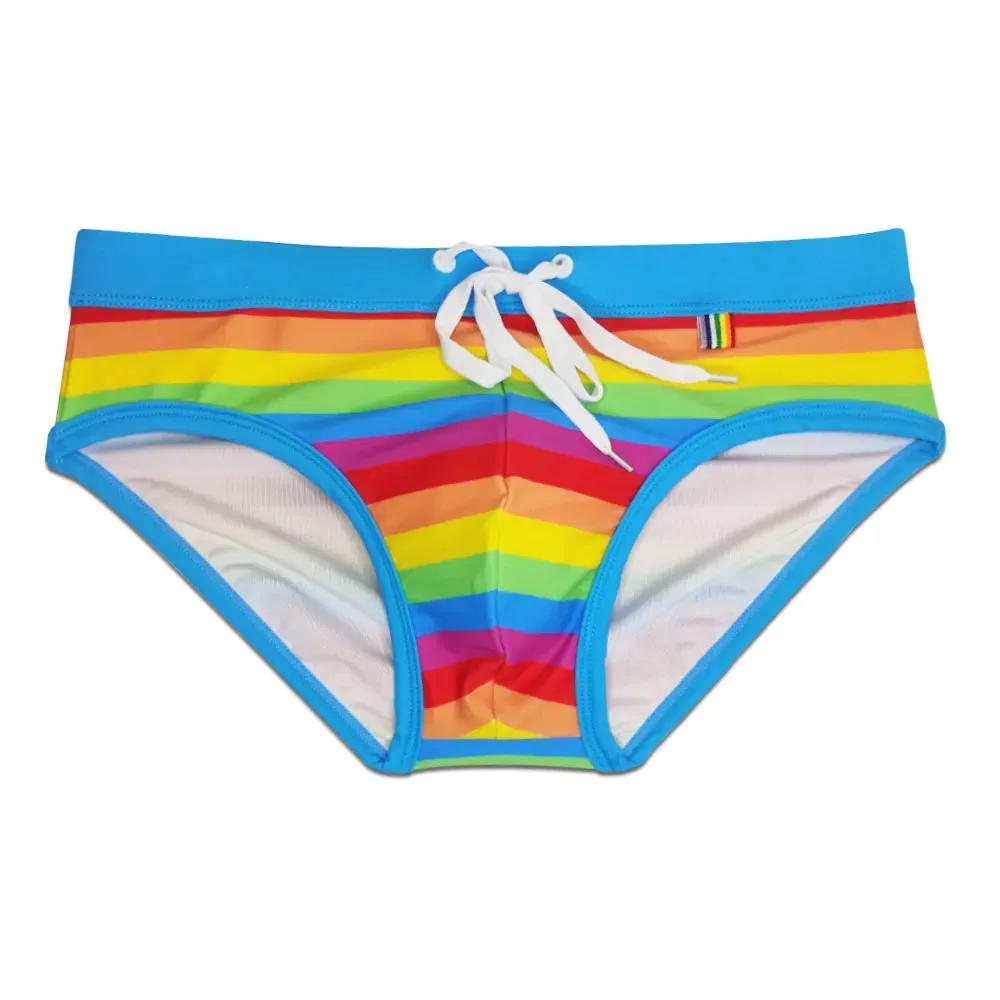 Men's Rainbow Swim Briefs with Light Blue Waistband