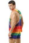 Side view of model in Rainbow Muscle Tank Hoodie