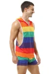 Side view of model in Rainbow Muscle Tank Hoodie