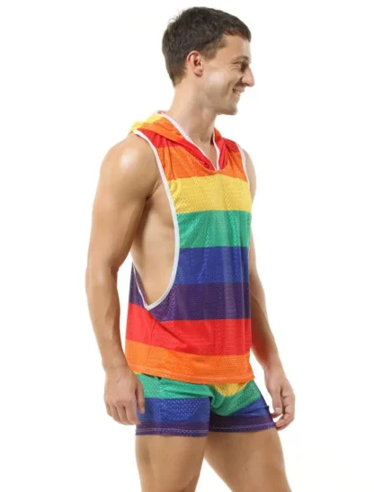 Side view of model in Rainbow Muscle Tank Hoodie