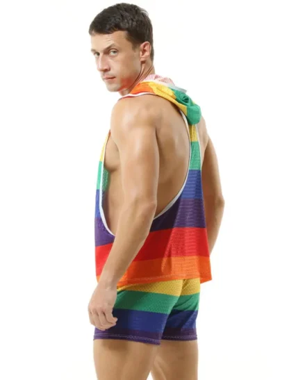 Side view of model in Rainbow Muscle Tank Hoodie