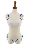 Sheer Mesh Bandeau Crop Top Bikini in White, Purple and Neon Green