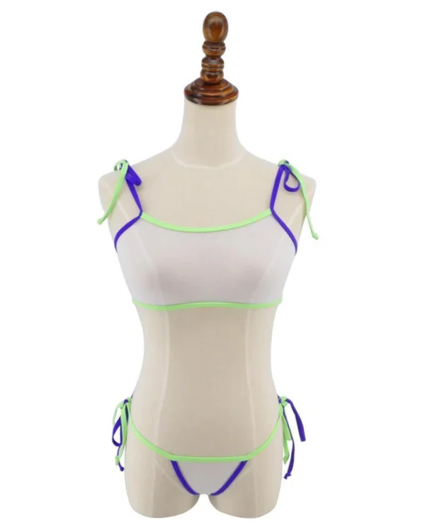 Sheer Mesh Bandeau Crop Top Bikini in White, Purple and Neon Green