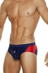 Navy Swim Briefs with Red Double Stripes