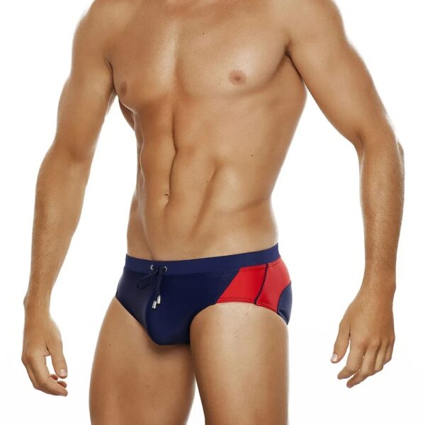 Navy Swim Briefs with Red Double Stripes