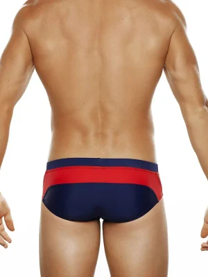Navy Swim Briefs with Red Double Stripes