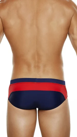 Navy Swim Briefs with Red Double Stripes