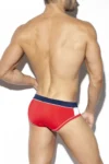 Model in Red, White & Blue Swim Briefs with red rear