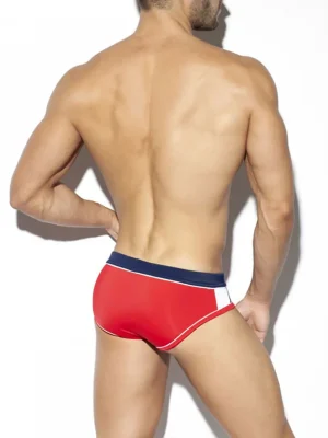 Model in Red, White & Blue Swim Briefs with red rear
