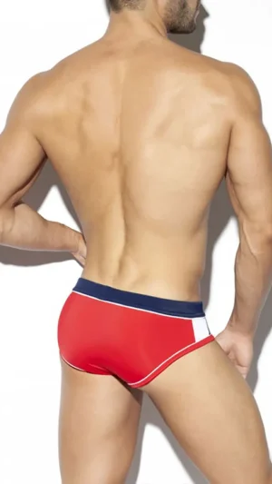 Model in Red, White & Blue Swim Briefs with red rear