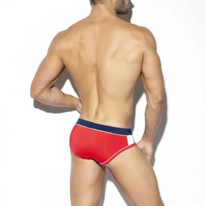 Model in Red, White & Blue Swim Briefs with red rear