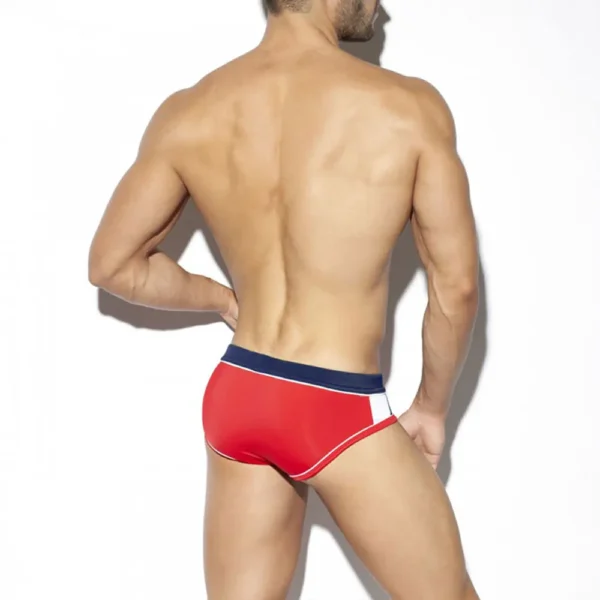 Model in Red, White & Blue Swim Briefs with red rear