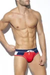 Model in Red, White & Blue Swim Briefs with red front