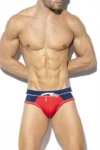 Model in Red, White & Blue Swim Briefs with blue front