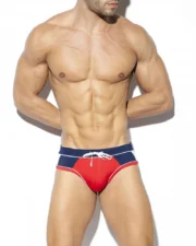 Model in Red, White & Blue Swim Briefs with blue front
